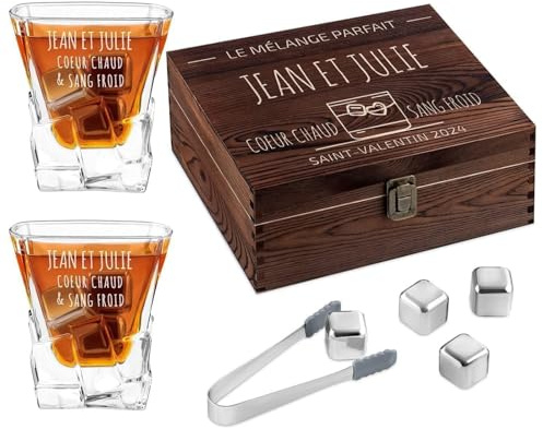 Maverton Ensemble de Pierres à Whisky & 2 Verres gravés pour Couple | Verres Personnalisés à Whisky 250 ML, Boîte Personnalisée en Bois, Cadeau d'anniversaire pour Les Couples, Mélange Parfait