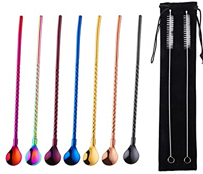 Strohhalm mit Löffel,7 Stück Strohhalme Wiederverwendbar mit 2 Stück Reinigungsbürsten für Smoothies Milchshakes Kaffee Cocktail