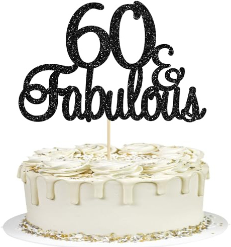 Gyufise Black Glittery 60 & Fabulous Birthday Cake Topper for 60th Birthday Party Decorations 60 Birthday Cake Decorations Supplies 3 Pack