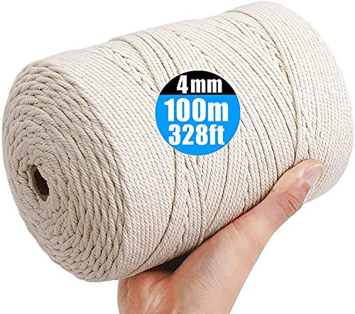 Mododo Corde Macramé 4mm x 100m, Fil Macrame Coton Naturel, Ficelle Corde pour Tressée DIY, Tapisserie de Plante Cintre de Drapeau Artisanat Suspendues Emballage Cadeau Décoration Murale, 4*100m