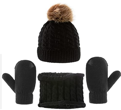 IBLUELOVER Baby Beanie Hat Scarf Gloves Set Newborn Knitted Skull Hat Warm Winter Circle Scarf Fleece Lined Pompom Cap for Toddlers Boys Girls 0-36 Months