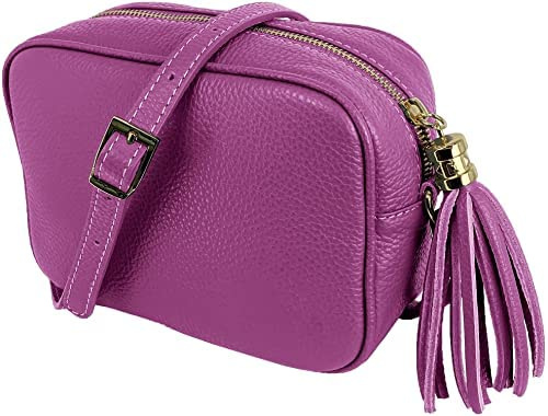 ALEXANDER MILANO Sac pour femme cuir véritable. Sac en cuir lisse et laqué. 2 fermetures éclair avec longue sangle en cuir réglable, Made in Italy. Vera Pelle italienne. 20 x 15 x 8 cm., fuchsia