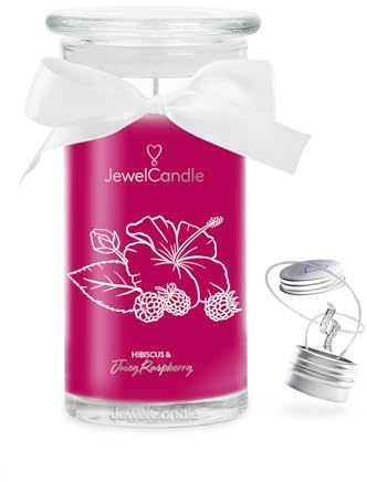 JuwelKerze Hibiscus & Juicy Raspberry Halskette Silber - Schmuckkerze 80 Std - große Duftkerze mit Fruchtigem Duft - rosa Kerze mit Schmuck Überraschung - Geschenke für Frauen, Geburtstag
