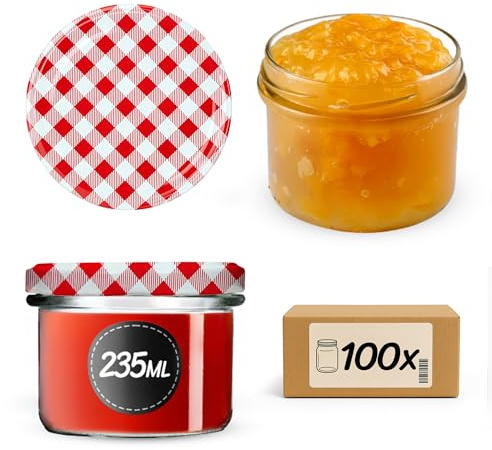 KADAX Lot de 100 bocaux en verre 235ml Ø82 – Pour confitures, conserves, cornichons & miel – Bocaux à vis, sans couvercle