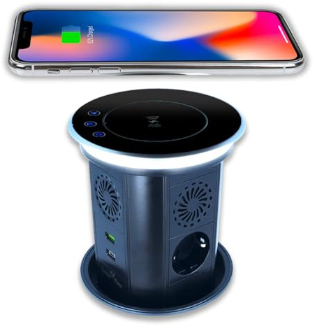 Versenkbarer Steckdosenturm Tisch-Einbau-Steckdose IP55 mit USB & Wireless Charger versteckte fahrbare Tischsteckdose mit Bluetooth Lautsprecher & Induktions Ladestation mit Beleuchtung LX-SNV-3GD-U