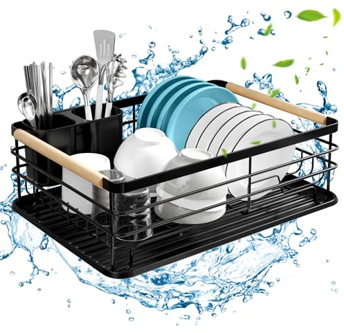 TAVADA Escurreplatos de Cocina con Bandeja - Escurridor de Platos de Alta Capacidad 43 x 30 x 14 CM - Estante De Secado De Platos para Encimera De Cocina Ahorre Espacio (Negro)