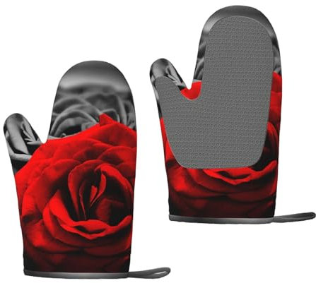 Schwarz Weiß und Rot Rosen Drucken Silikon Ofenhandschuhe Hitze Ofen Handschuhe Rutschfeste Küche Handschuh Für BBQ Backen Kochen Handschuhe