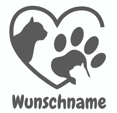 Skins4u Autoaufkleber Wandtattoo mit Wunschnamen selber gestalten Katzen Namen Wunschname Wunschtext Katze Pfote mit Herz Haustier für Auto Wand Spiegel Sticker