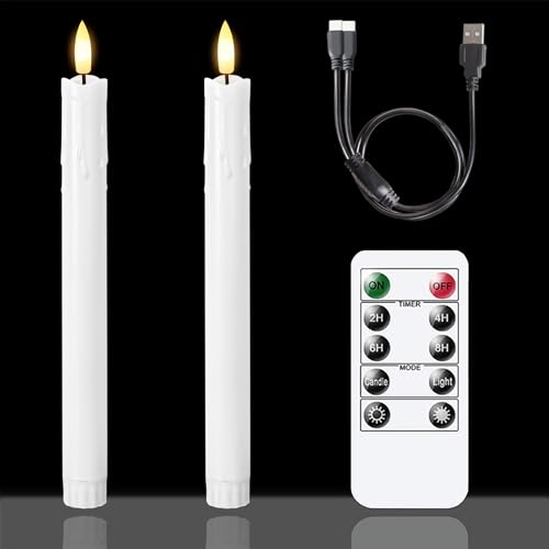 Zevanor Candele LED ricaricabili senza fiamma a batteria con temporizzazione a distanza, Confezione da 2 candele tremolanti di plastica bianca da 2,2 cm x 25 cm (cavo di ricarica USB incluso)