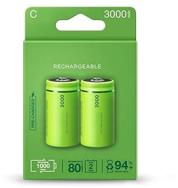 2 Baterías Recyko tamaño C. Pilas de última tecnología. Pilas precargadas en fábrica. Apenas Tienen autodescarga. Capacidad MIN de 3000 mAh