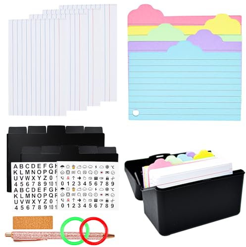 ADERTOS Karteikarten Box Karteikasten Schwarz Lernkarteibox Karteikartenboxen inkl.350 Karteikarten Nicht Klebrig Lernkarten Linierte Lernkarteikarten Vokabelkarten mit Ring Aufkleber für Büro Schule