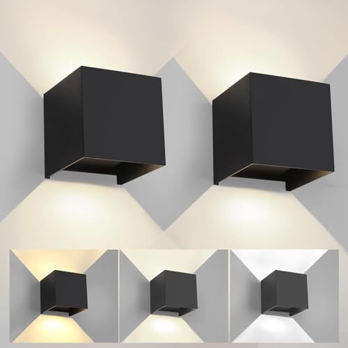 12W Wandleuchte Innen Farbtemperatur Einstellbar, 2 Stück Einstellbarer Lichtstrahlwinkel LED Wandlampe Modern Up Down Licht Wandbeleuchtung Schwarz IP65 für Wohnzimmer Schlafzimmer Flur Treppen usw
