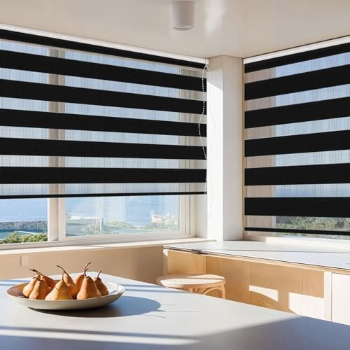 Verdunklungsrollo Klemmfix 45 x 200 cm Sichtschutz Sonnenschutz Fensterrollo Zebrarollo Seitenzugrollo Inkl. Montagematerial für Wohnzimmer Küche Büro, Schwarz