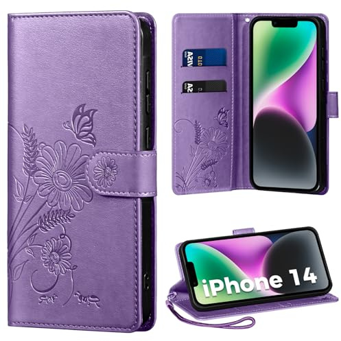 Thorhülle Handyhülle für iPhone 14 Hülle, Schutzhülle für iPhone 14 PU Lederhülle Tasche Flip Case Kartensteckplätzen Klapphülle Kompatibel mit iPhone 14 Hülle, Lila