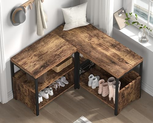 Mudmasa Sitzbank mit Stauraum Schuhbank mit Sitzfläche L Form Holzbank mit 3 offene Fächer Eckschuhbank für Flur Eingangsbereich Schlafzimmer Wohnzimmer Vintagebraun 35 x 145 x 53 cm (TxBxH)