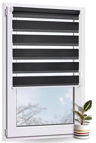 Rollmayer Doppelrollo Klemmfix ohne Bohren Schwarz B80 x H130cm | Klemmrollo Fensterrollo Duo Rollo Sonnenschutzrollo Zebrarollo Seitenzugrollo für Fenster und Tür
