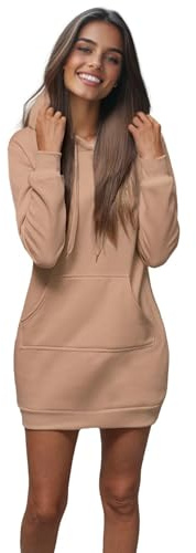 OZONEE Damen Hoodie Kapuzenpullover Lang Sweatjacke Sweatkleid Winterkleid Herbstkleid Kleid Sweatshirt Sweatshirtkleid Kapuzenjacke Kapuzenpulli Kapuze Langarm Sport 777/3334B/91 Dunkelbeige S