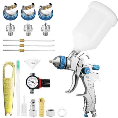 HVLP Pistola a Spruzzo per Verniciare ad alta Atomizzazione Pistola per Verniciare Spruzzo per Riparazioni di Mobili per Auto con Regolatore di Pressione Tazza 600 cc e 3 Ugelli 1,4/1,7/2,0mm (Blu)