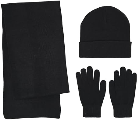 BRUCERIVER Écharpe et Bonnet Tricoté Hiver avec Gants Trempé 3 Pièces pour Hommes et Femmes,Black