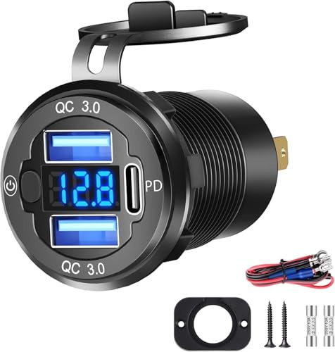 Daakro USB Car Charger Socket - 12V 3 Port Fast Charging Outlet Panel,Dual 18W QC3.0 USB-A & 30W PD Type C Charger Power Outlet Panel with Switch LED Voltmeter for Car/Boat/Motorcycle/SUV/RV Truck