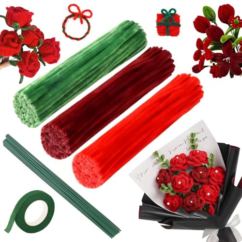 UNIANE 300 Stück Pfeifenreiniger Blumen Set, 20 Stück Grün Basteldraht, Klebeband, Pfeifenreiniger zum Basteln, Rosensträuße Bastelprojekte, Biegeplüsch 30cm Pfeifendraht zum Basteln