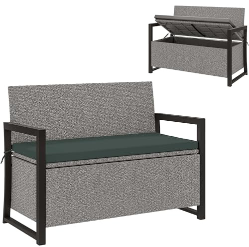 Outsunny 151.5 L Garden Storage Bench with Inner Bag, 2 Seater PE Rattan Outdoor Garden Bench with Storage, Cushion, Wicker Outdoor Loveseat for Patio, Grey