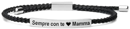 Bracciale Mamma Donna Motivazionale in Acciaio Inox Lucidato di Altissima Qualità e Corda Intrecciata Incisione Sempre con te Mamma Idea regalo festa della mamma - Cofanetto Incluso