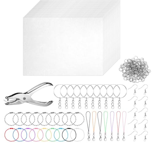 DONQTWAY 221 Stück Schrumpffolie Set, 20 Schrumpfpapier A5 Transparent, Schrumpffolie Bedruckbar, Shrink Folie mit Schlüsselanhänger, Ohrringhaken, Kugelkette, Locher, Farbiges Schlüsselband
