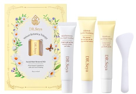 Facial Hair Removal Kit for Women – 3-Step Botanical Depilatory Set with Pre-Epil Gel, Gentle Hair Remover & Soothing Elixir – Safe, Plant-Based, Non-Irritating Formula