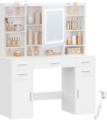 HEXCELEN 108 cm Coiffeuse avec Miroir et Lumières LED, Blanc