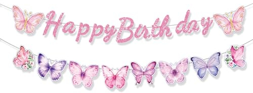 Mariposas Happy Birthday Banner, Banderola Feliz Cumpleaños, Guirnalda de Feliz Cumpleaños, Decoración de fiesta de cumpleaños para niños, niñas, mujeres