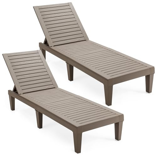 COSTWAY 2er Set Sonnenliege Kunststoff wetterfest, Gartenliege mit Verstellbarer Rückenlehne, Balkonliege, Terrassenliege Holzoptik, Liegestuhl bis 180 kg belastbar für Garten, Terrasse (Taupe)