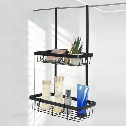 Portasapone Doccia da Appendere, Mensola Doccia da Appendere Nera Senza Foratura, Porta Bagnoschiuma da Doccias, Portaoggetti Doccias in acciaio inox con ganci per accessori da bagno