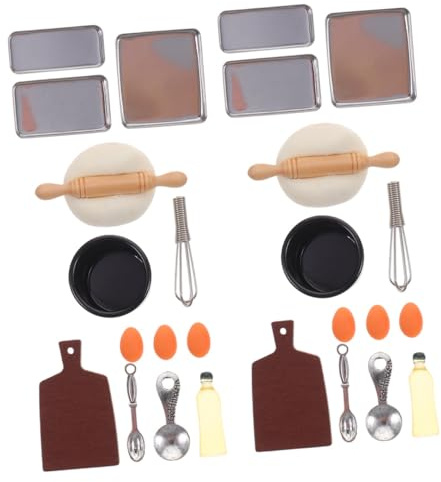 Mikinona Set da Cucina in Miniatura, Utensili da Forno in Resina e Legno, Decorazioni per Casa delle Bambole, 2 Set Resistenti e Colorati, Accessori Leggeri per Gioco e Simulazione
