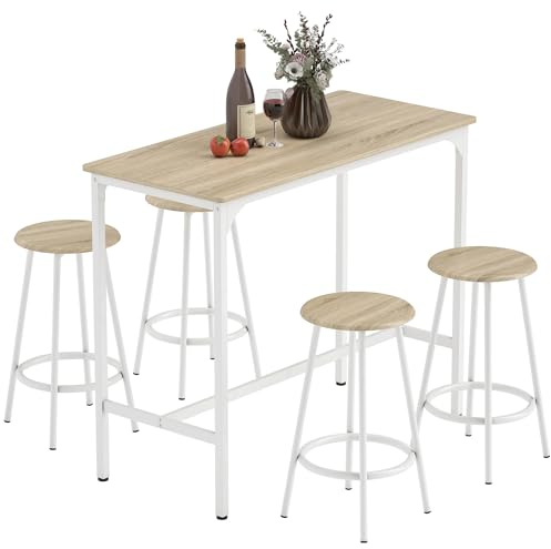 HOMCOM Breakfast 5 Piece Bar Table Set for 4 with Stools, Natural Wood