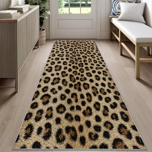 Rustic Cabin Leopardenmuster Teppich Läufer 60x200cm, Rustikales braunes Gepardenmuster Teppichläufer, Tierprint Küchenläufer, Waschbarer Teppich für Wohnzimmer Flur