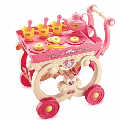 Kids Tea Set Trolley 34PCS Toy Kitchen Set, Play Kitchen Set with Teapot Cups Dessert Accessories, Toy Trolley Set Role Play Toys, Educational Pretend Play Gift for Boys Girls Age 3+