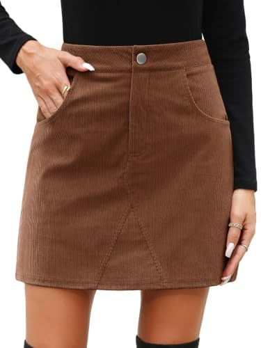 Fashora Mini Jupe Velours Cotelé Taille Haute Jupe Courte Femme Automne Hiver Vintage Coupe Ajustée Élégant A-Ligne Jupes Courte avec Poches