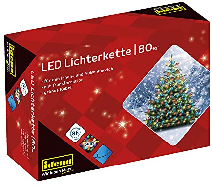 Idena 8325059 - LED Lichterkette mit 80 LEDs in Bunt, mit 8 Stunden Timer Funktion und Transformator, ca. 15,9 m lang, Deko für Innen & Außen, zum Basteln, als Party Deko, Weihnachtsdeko, Hochzeit