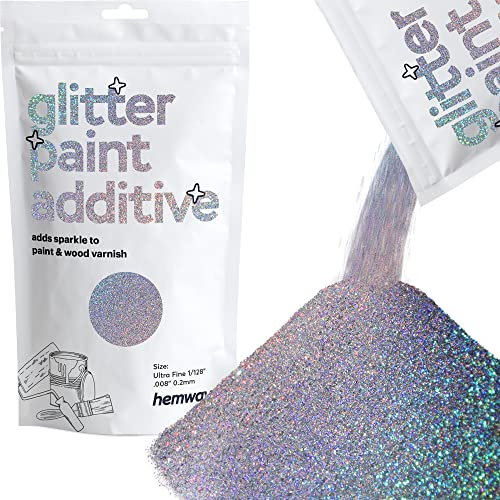 Hemway Glitter Paint Additive - Silver Holographic | Metallic Flakes for Adding Sparkle to Paints & Wood Varnish | Add to Emulsion, Acrylic & Latex for Indoor Sparkly Walls | 100 g