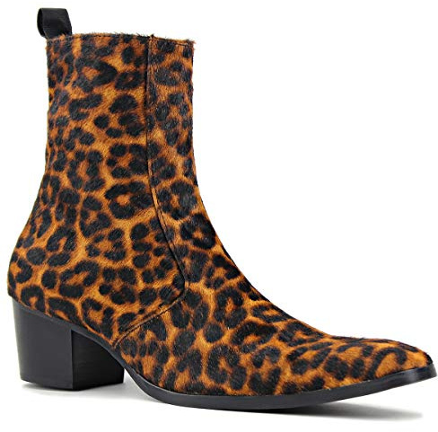 OSSTONE Chelsea Cowboy Stiefel für Männer High Heels Boots Men Herren Kleid Schuhe Reißverschluss Leder Leoparden OS-JY012-DE