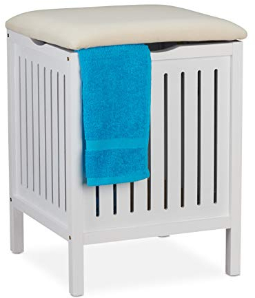 Relaxdays Banco Baño con Asiento, Taburete para Colada, Estilo Rústico, 40 L, Cesto Ropa Sucia, 55 x 41 x 41 cm, Blanco