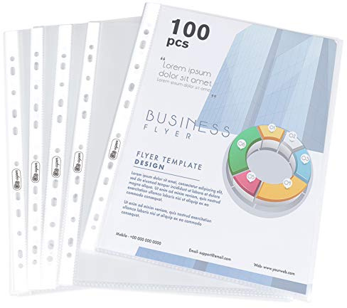 100 x Clear A4 Plastic Punched Punch Pockets, 160 Micron Heavy Duty File Binder Pockets - Extra Strong A4 Punched Pockets for Documents Folders Filling Wallets Sleeves