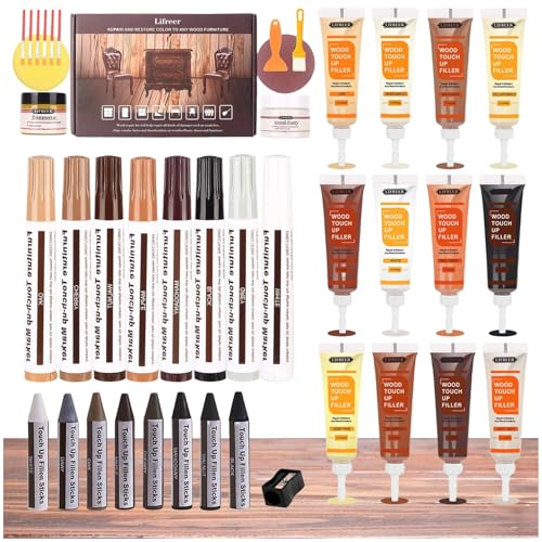 Lifreer Wood Repair Kit, 42 Pcs Furniture Repair Kit - Wood Filler, Touch Up Marker, Wood Putty, Wood Crayon for Scratch, Cracks, Stains, Discoloration for Wooden Door, Floor, Table, Cabinet