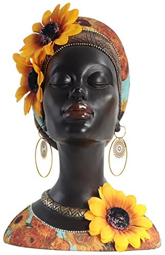 perfk African Woman Head Statue, Decorative Fashion Resin Ornament Collectible Female Bust Art Sculpture for Wedding Bedroom Hotel Office Tabletop