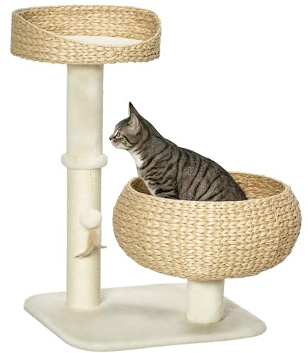 PawHut 72cm Cat Tree Kitten Tower with 2 Beds Scratching Post Toy Ball Beige