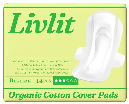 Livlit Regular Size Ultra Thin Sanitary Pads, 100% Organic Cotton from Texas, Powerful Leak Protection, Unscented, Chlorine Free and Absorbency of Feminine Periods, Pads for Women (14 Count)