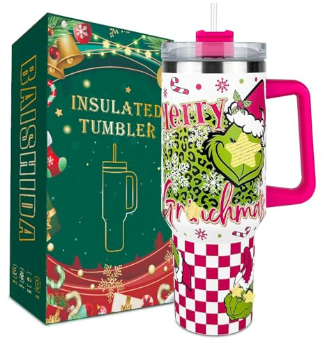 BAISHIDA 40 oz Christmas Grinchi Tumbler with Handle and Straw, Stainless Steel Tumbler with Lid Straw, Car Sports Travel Cup Gift 40oz Tumblers (Christmas 1)