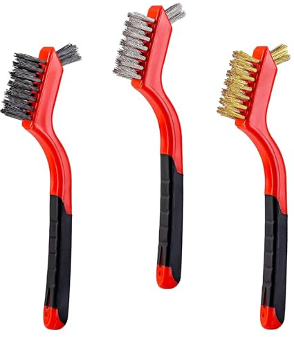 YiwerDer 3Pcs Mini Wire Brush Set, Stainless Steel/Brass/Nylon Bristles Wire Brushes, Curved Handle Soft Grip for Rust, Dirt & Paint Scrubbing with Deep Cleaning – 7 Inches (Red)