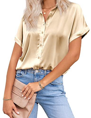 HOTOUCH Women's Satin Silk Blouse Button Down Shirts V-Neck Loose Short Sleeve Blouses Tunic Tops Champagne XXL